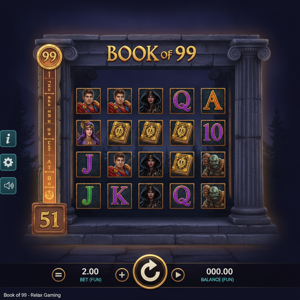 Book of 99 slot game showing 5x3 reel grid with ancient Greek temple columns, golden book wild symbol, hero character, sorceress, and cyclops symbols against dark blue evening sky