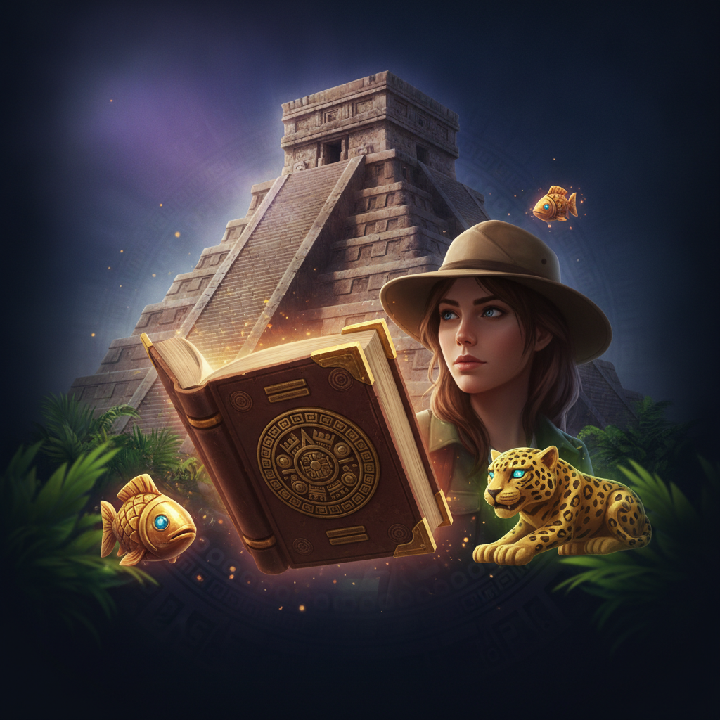 Book of Aztec slot featuring ancient Aztec pyramid temple, golden book artifact with ornate patterns, and explorer woman in khaki hat against mystical purple background