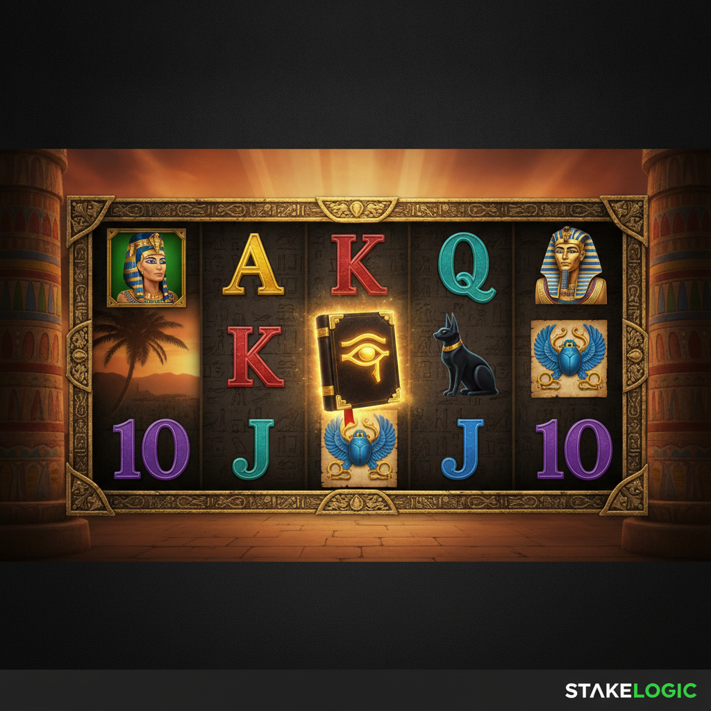 Book of Cleopatra slot showing ancient Egyptian temple with ornate golden frame, mystical book wild scatter symbol, Cleopatra and Pharaoh portraits, sacred cat deity, and hieroglyphic card symbols on dramatic sunset background