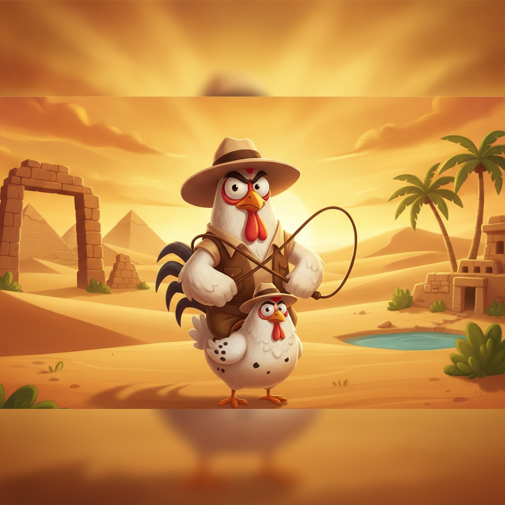 Book of Crazy Chicken slot showing explorer chicken mascot with fedora hat and whip in ancient Egyptian desert with pyramids and golden sunset