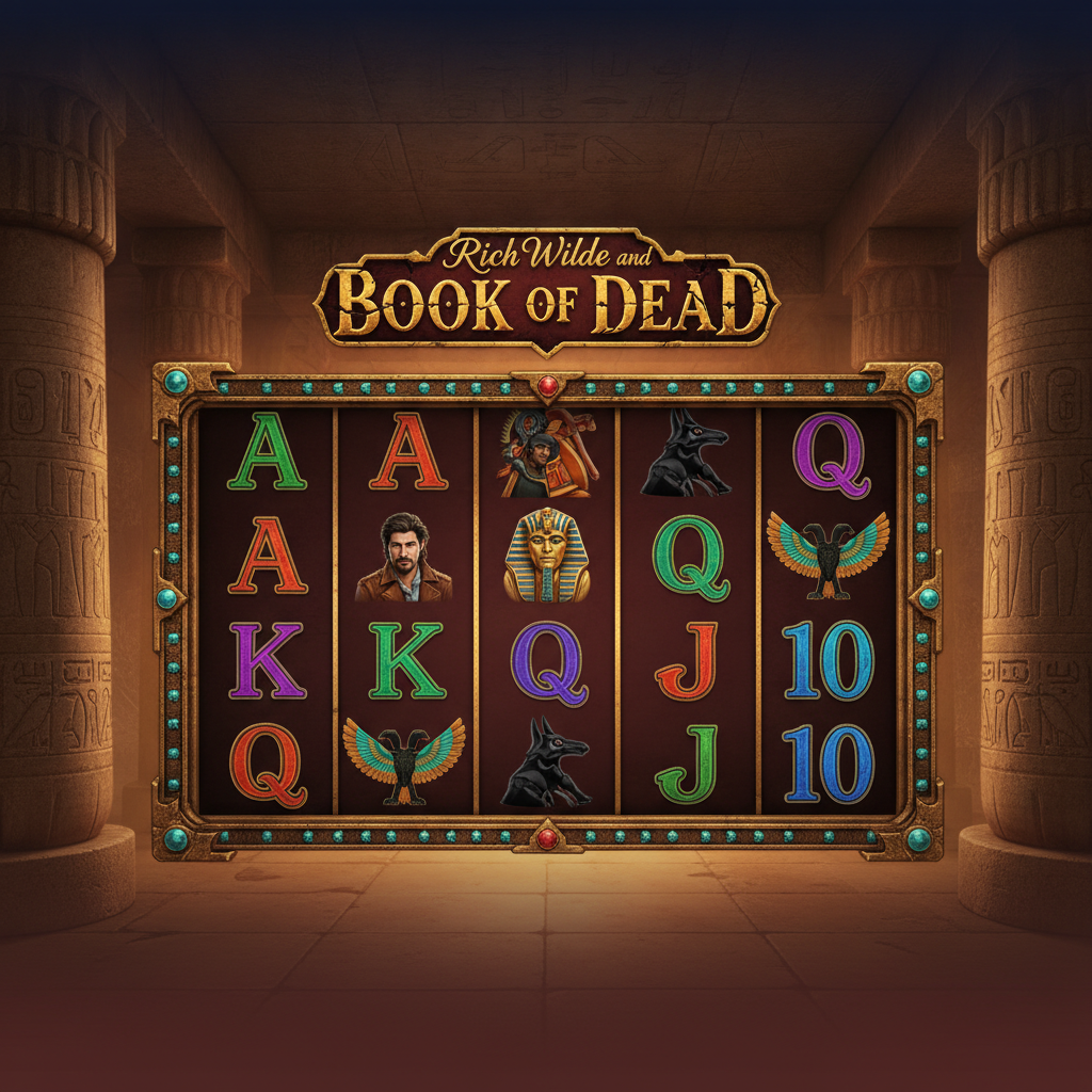 Rich Wilde and the Book of Dead slot showing 5x3 reel grid inside Egyptian temple with golden ornate frame, hieroglyphic columns, Rich Wilde explorer character, Pharaoh, Anubis, and Horus deity symbols