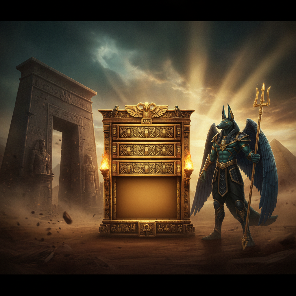Book of Gates Ancient Egyptian slot with Anubis deity holding golden staff, pyramids, and ornate gold reel frame with hieroglyphic symbols