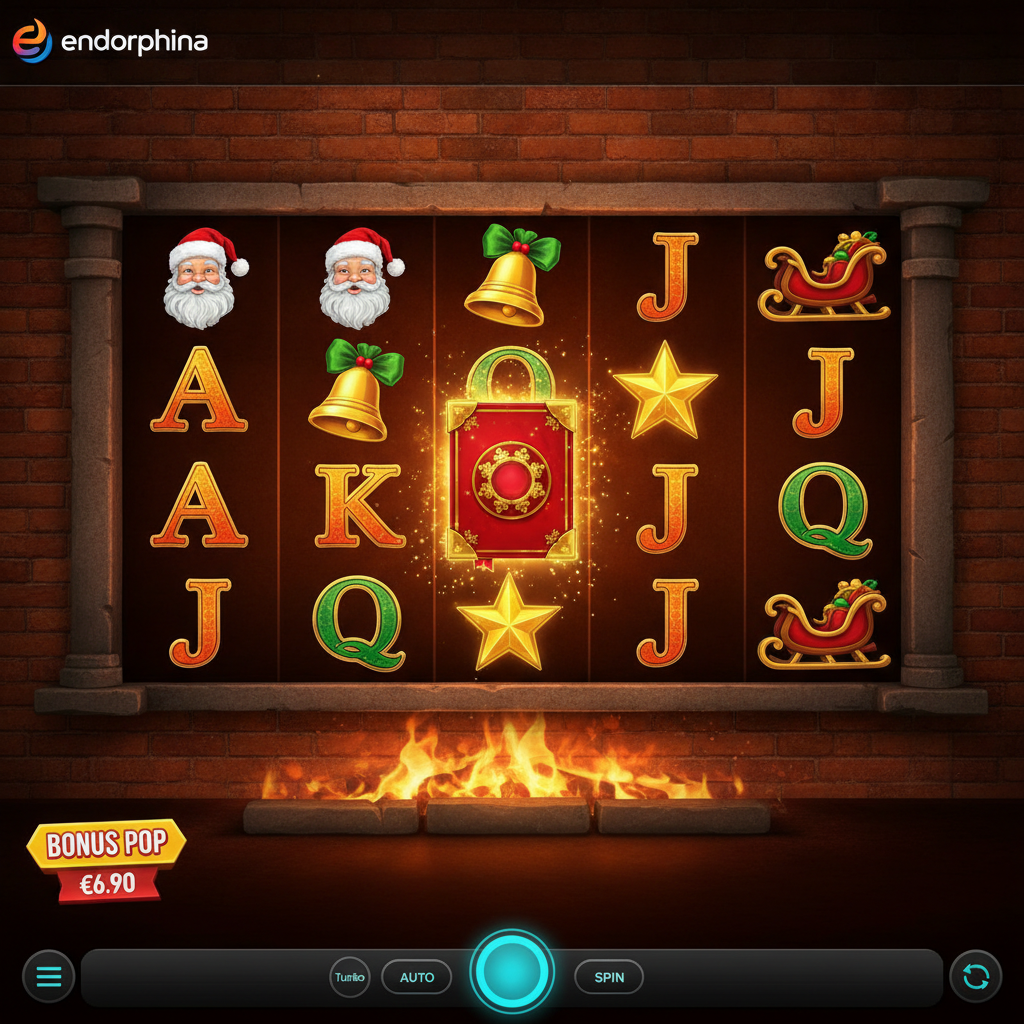 Book of Santa slot game featuring Santa Claus, golden bells, stars, ornate red book with expanding symbols on festive brick fireplace background