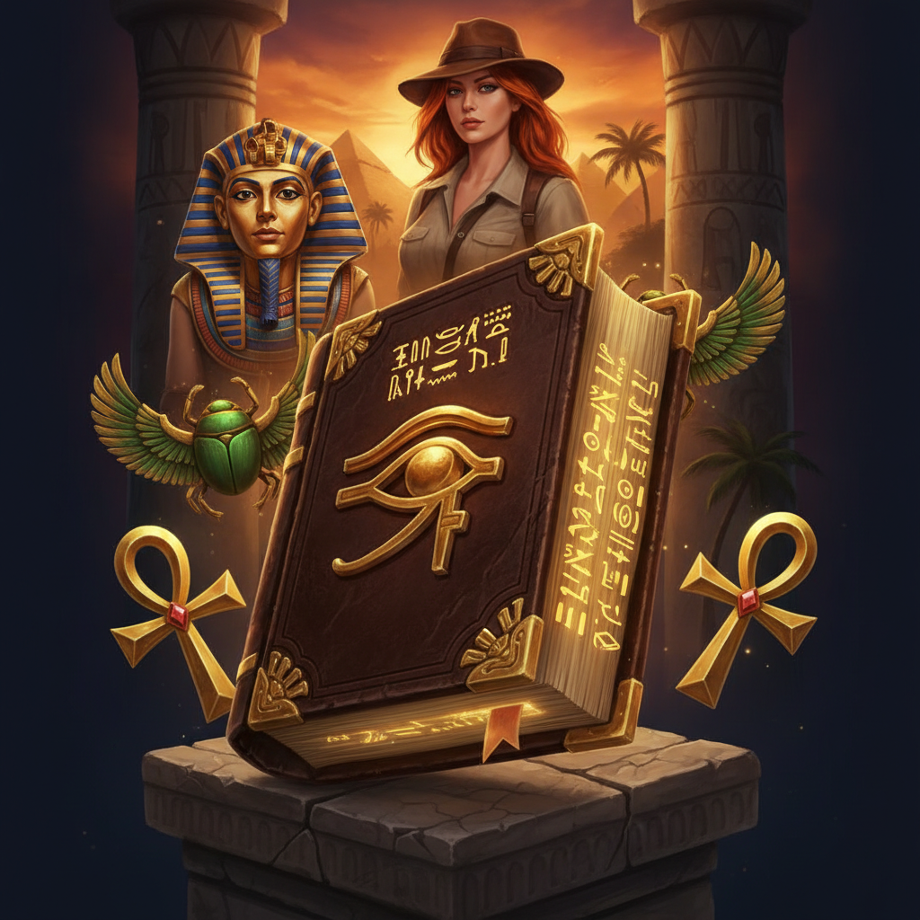 Book of Secrets slot machine featuring ancient Egyptian theme with golden book symbol, Eye of Horus, pharaoh mask, scarab beetle, and explorer woman against pyramid backdrop