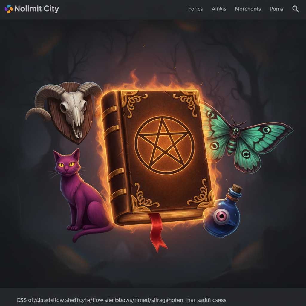 Book of Shadows slot featuring golden pentagram book scatter symbol surrounded by ritual items including purple cat, ram skull, green moth, and eye in bottle against dark occult background