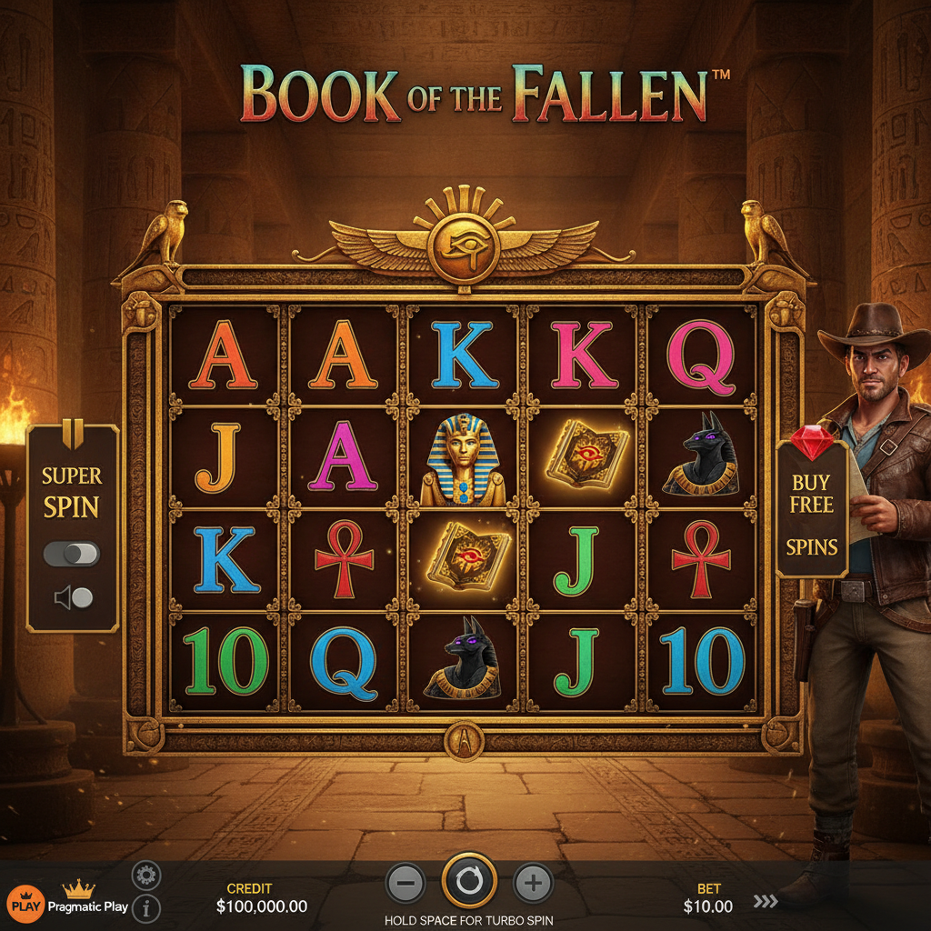 Book of the Fallen slot game showing ancient Egyptian temple with golden ornate frame, explorer character, pharaoh, Anubis deity, and mystical book scatter symbol on 5x3 reels