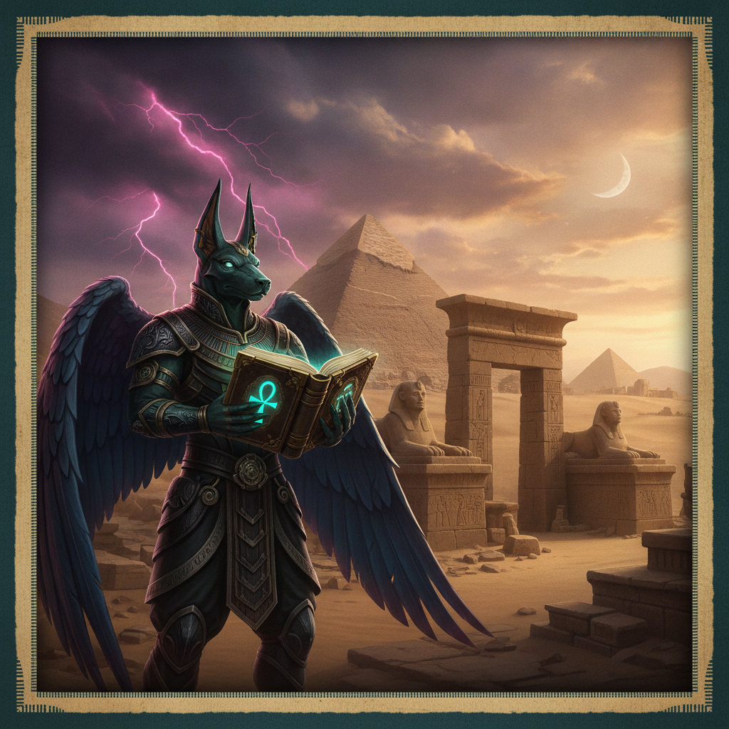 Book of Gates slot featuring Anubis jackal-headed deity with dark teal armor holding ancient golden book with ankh symbol, Egyptian pyramids and temple ruins under dramatic storm sky
