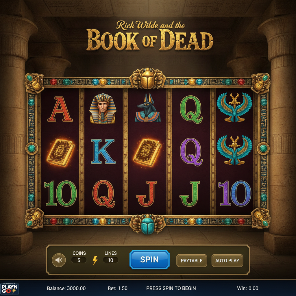Rich Wilde and the Book of Dead slot game showing ancient Egyptian temple with 5 reels, golden ornate frame, hieroglyphic decorations, scarab beetles, and mystical book symbol