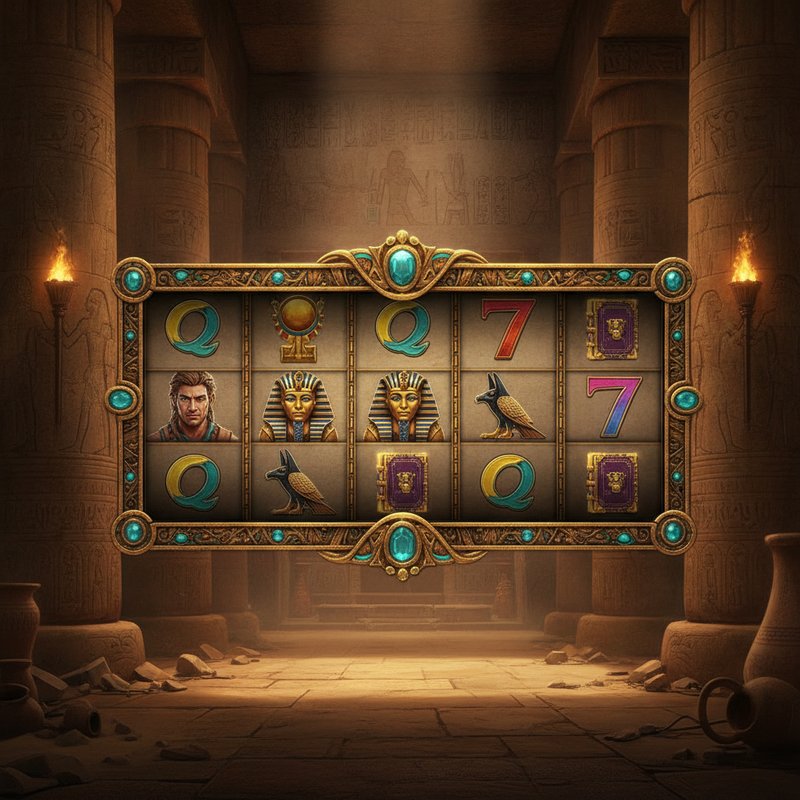 Rich Wilde and the Book of Dead slot game showing ancient Egyptian temple interior with 5x3 reel grid, golden ornate frame with turquoise gems, hieroglyphic decorations, and symbols including Rich Wilde explorer, golden pharaoh, Anubis jackal deity, and Horus falcon god